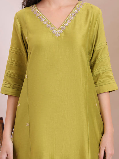 Olive Green Embroidered Straight Suit Set