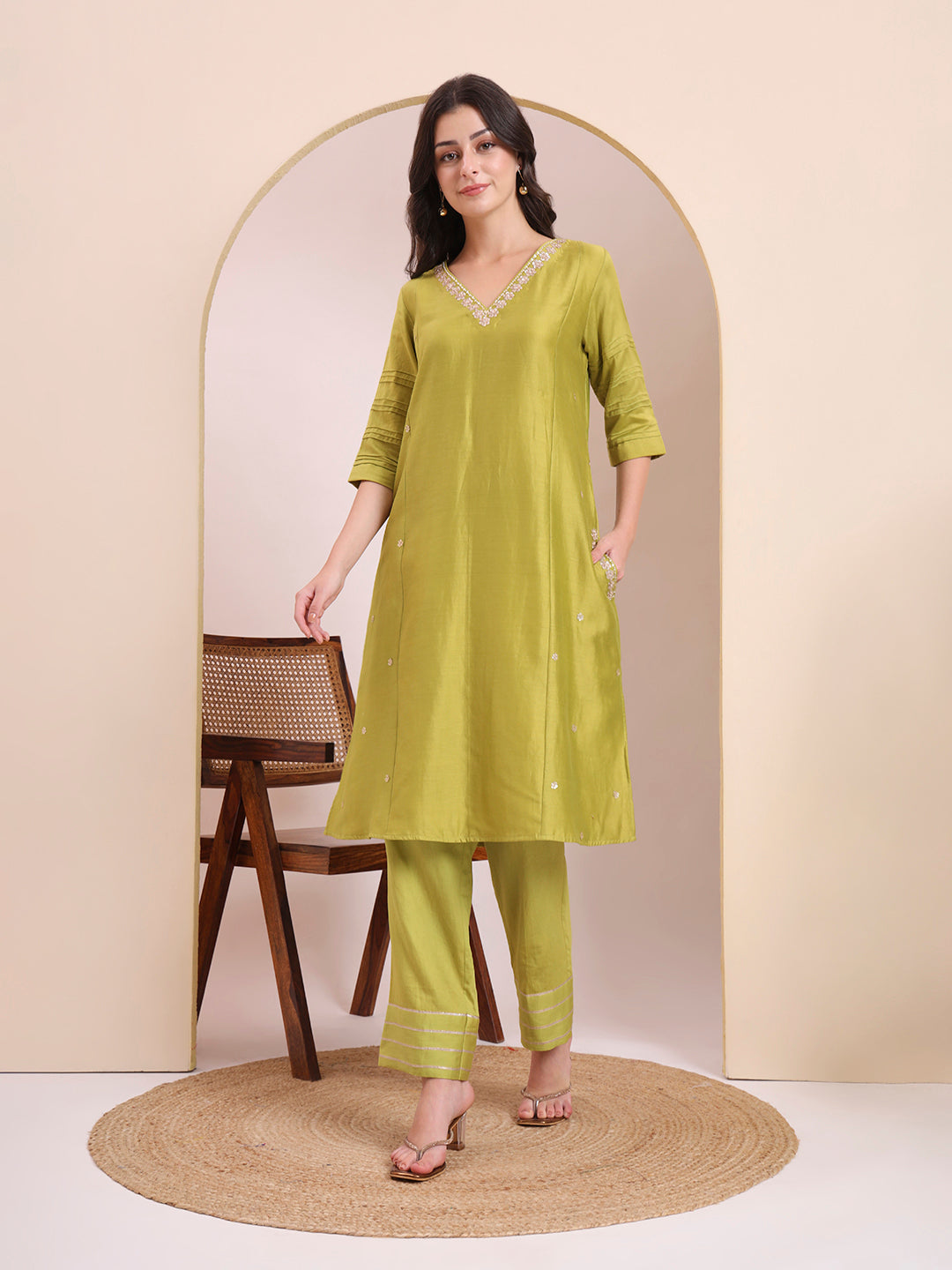 Olive Green Embroidered Straight Suit Set