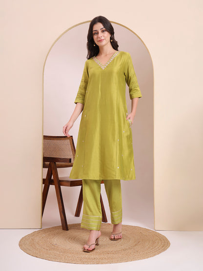 Olive Green Embroidered Straight Suit Set