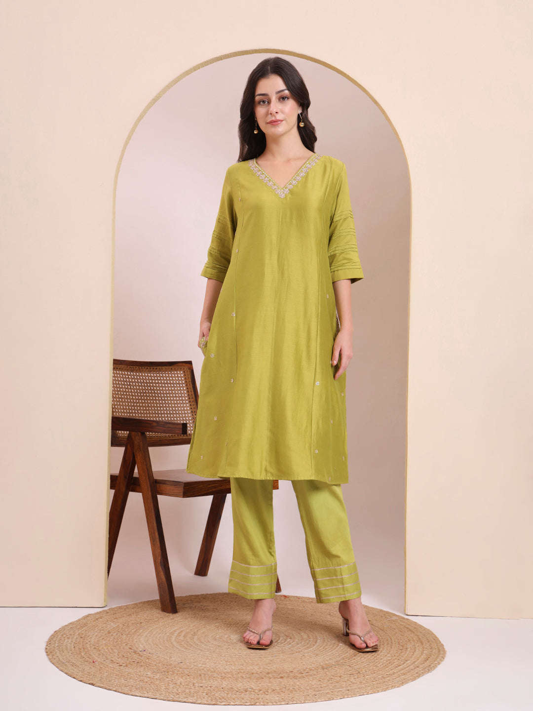 Olive Green Embroidered Straight Suit Set