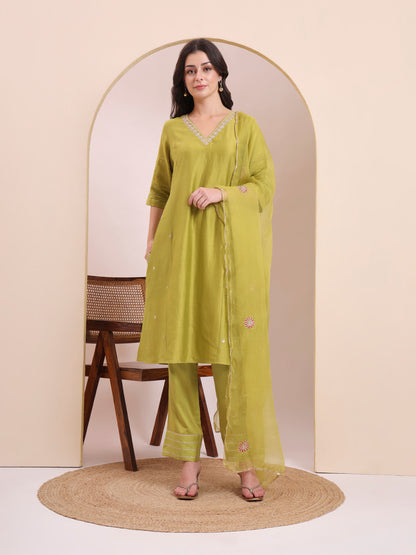 Olive Green Embroidered Straight Suit Set