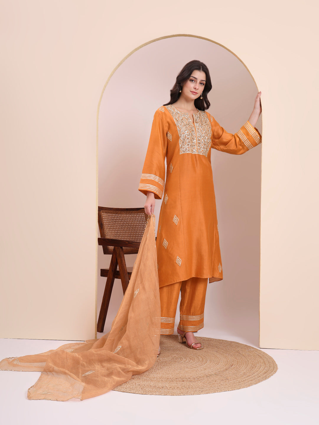 Sunset Orange Embroidered Suit Set