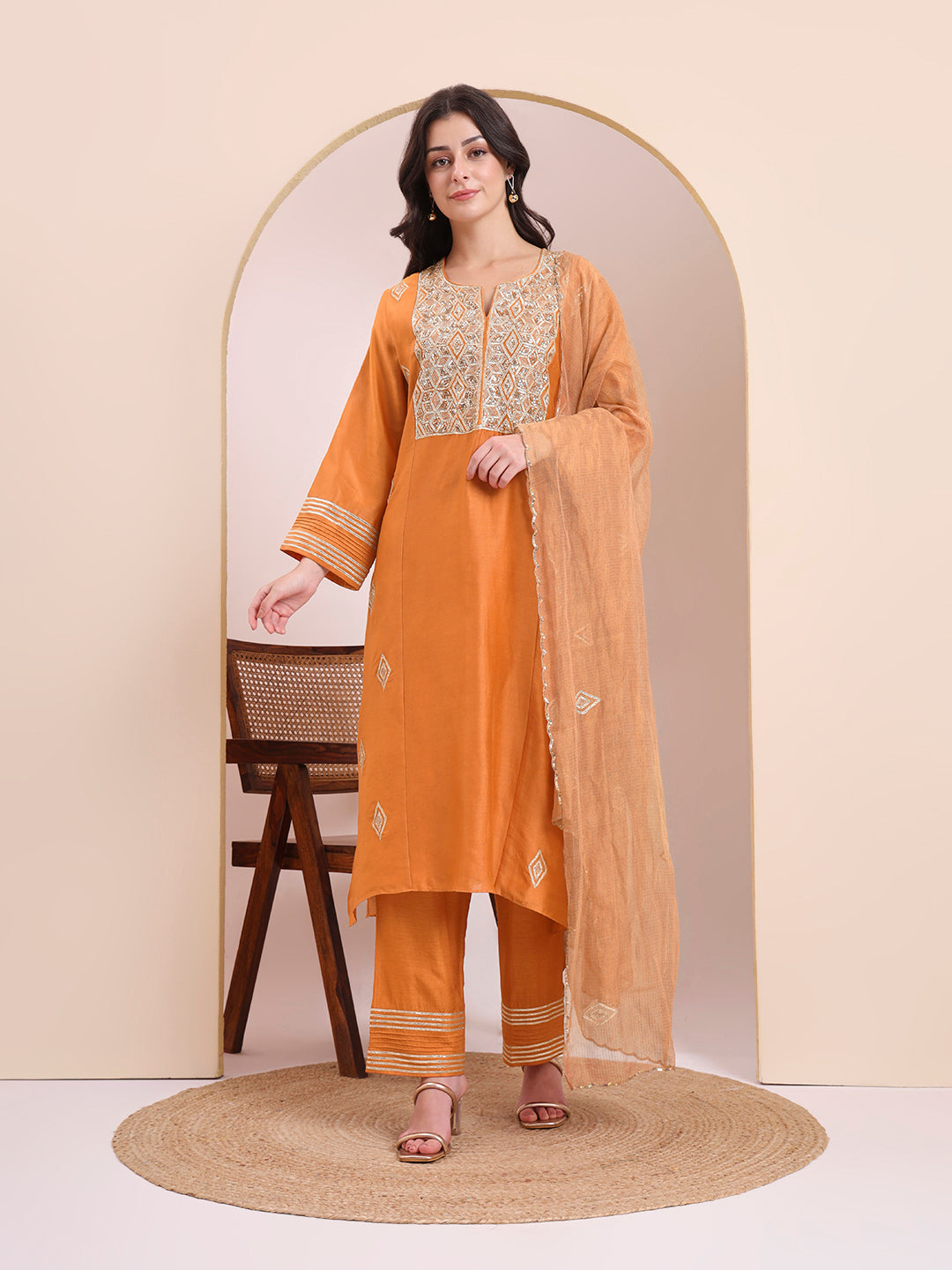 Sunset Orange Embroidered Suit Set