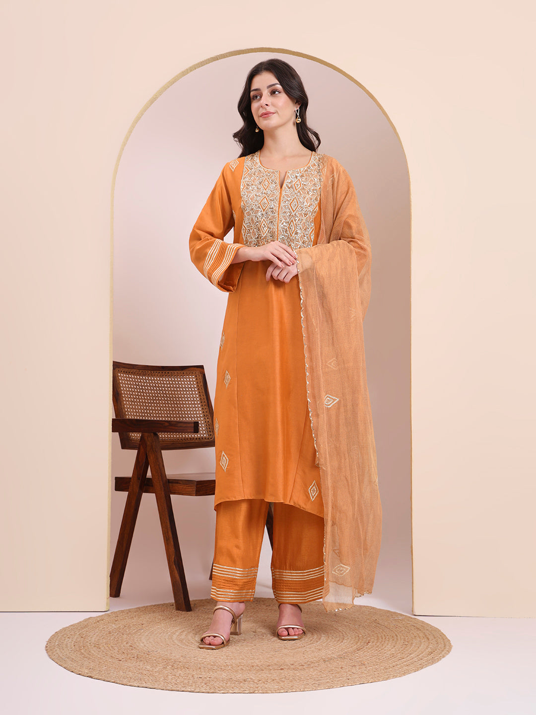 Sunset Orange Embroidered Suit Set
