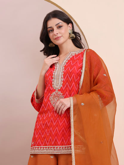 Coral Red & Orange Embroidered Suit Set