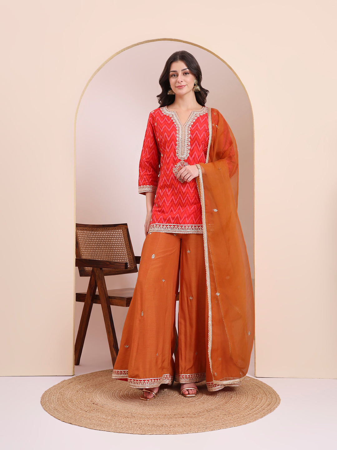 Coral Red & Orange Embroidered Suit Set