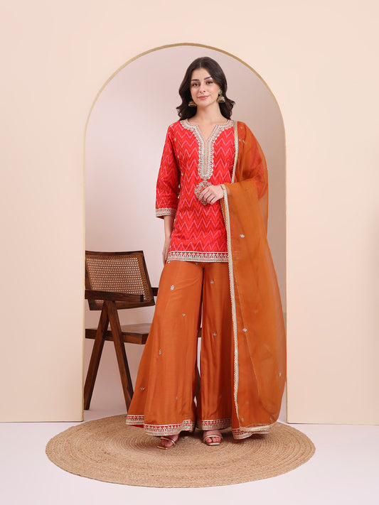 Coral Red & Orange Embroidered Suit Set