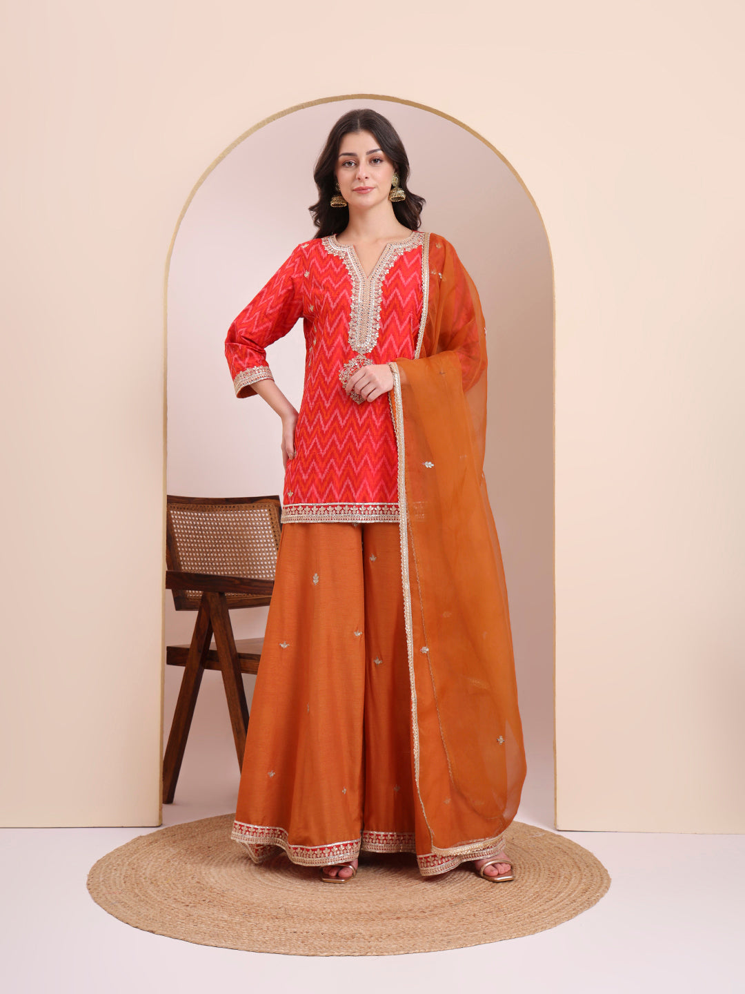 Coral Red & Orange Embroidered Suit Set