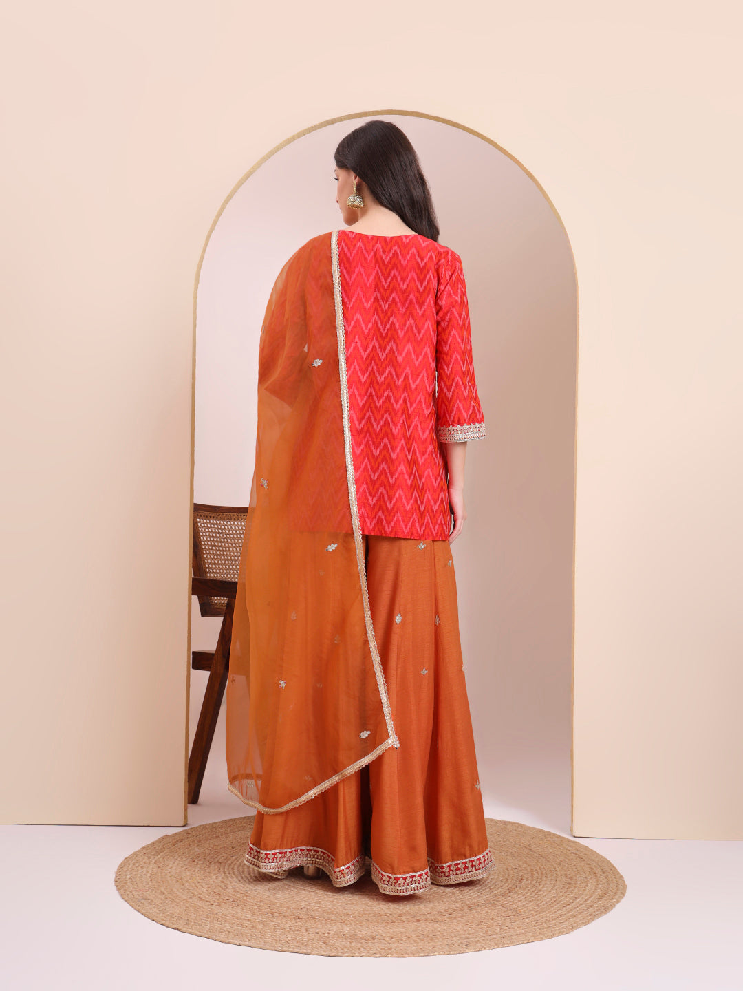 Coral Red & Orange Embroidered Suit Set