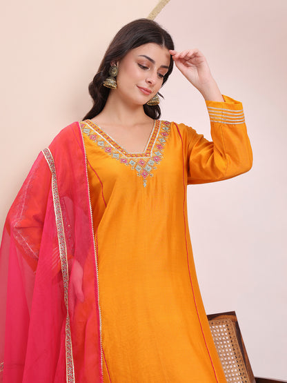 Marigold Orange & Pink Embroidered Kurta Set