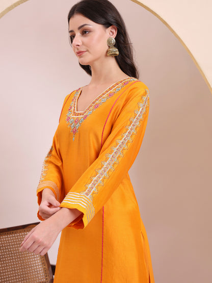 Marigold Orange & Pink Embroidered Kurta Set
