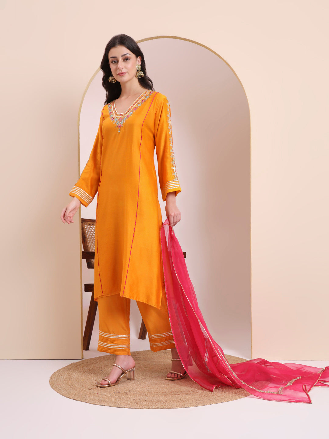 Marigold Orange & Pink Embroidered Kurta Set