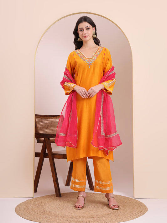 Marigold Orange & Pink Embroidered Kurta Set