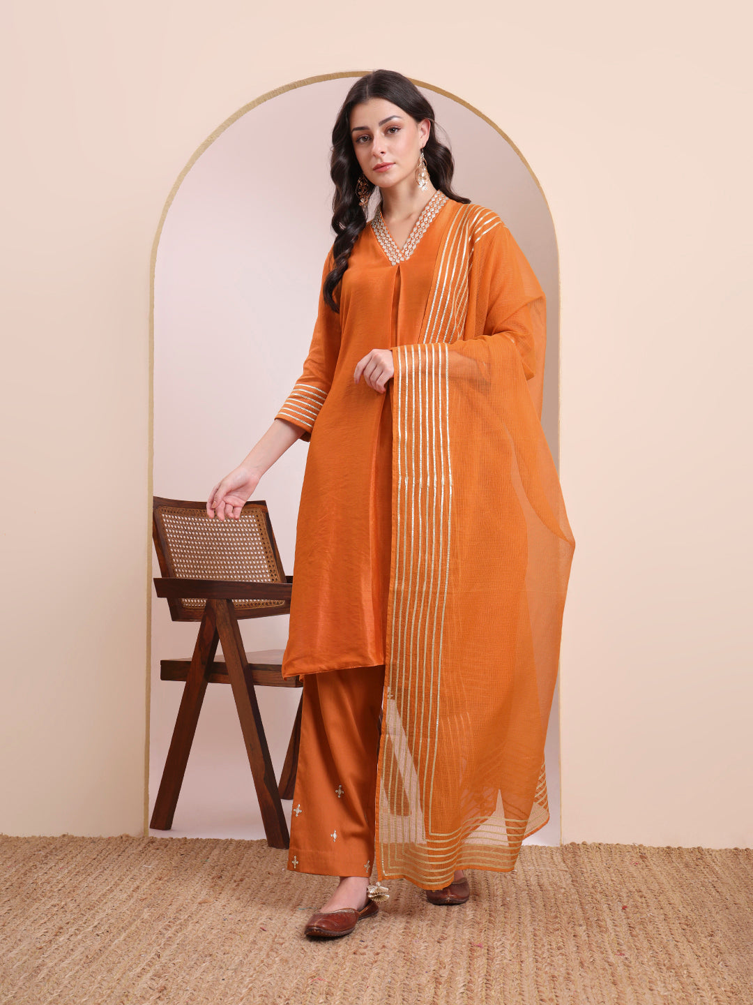Orange V-Neck Embroidered Kurta Set