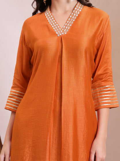 Orange V-Neck Embroidered Kurta Set