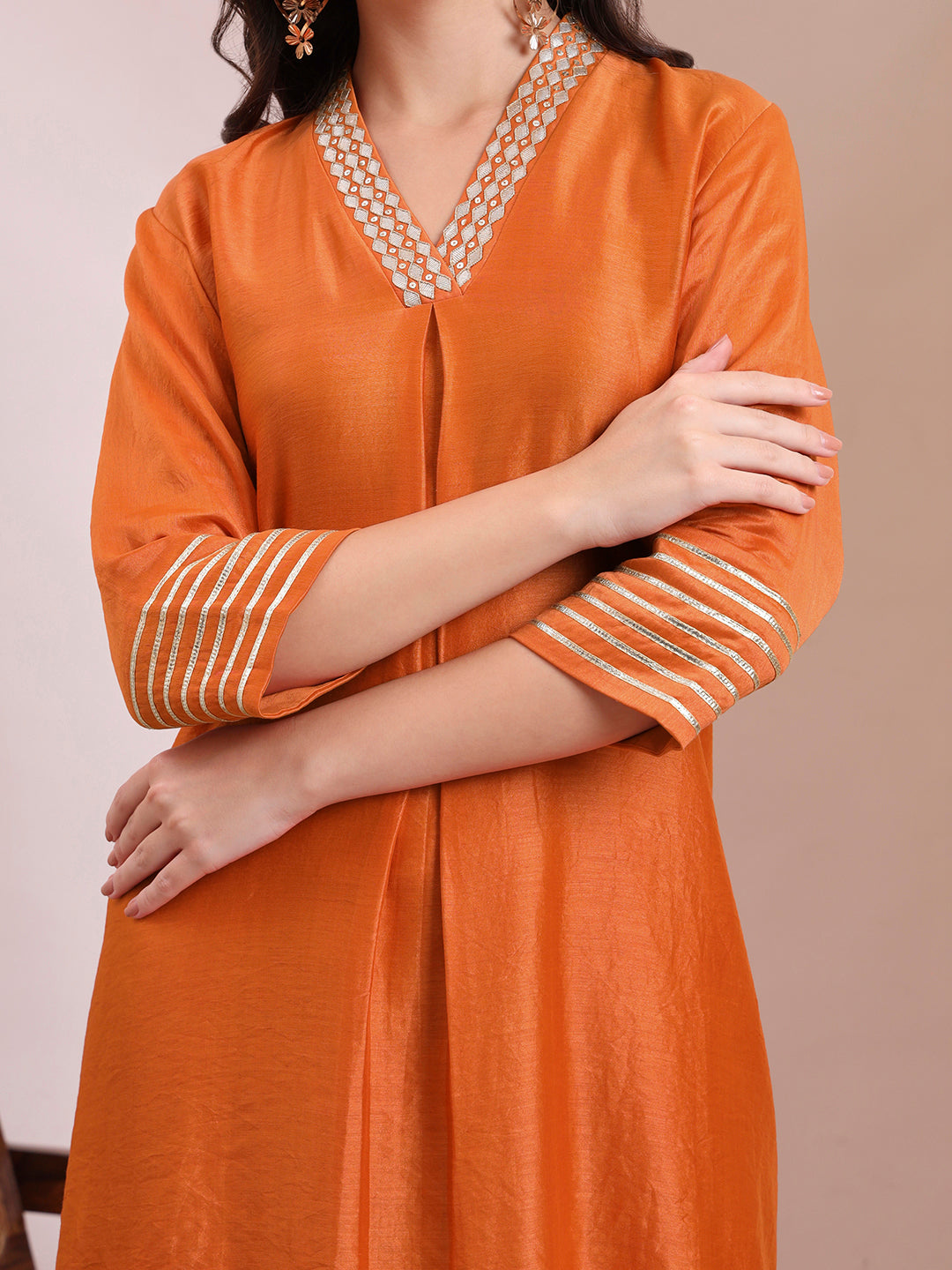 Orange V-Neck Embroidered Kurta Set