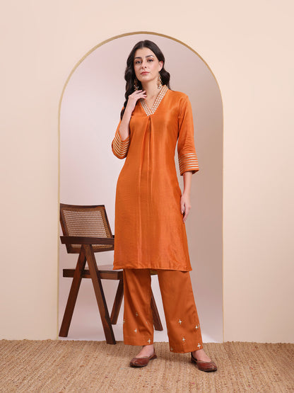 Orange V-Neck Embroidered Kurta Set