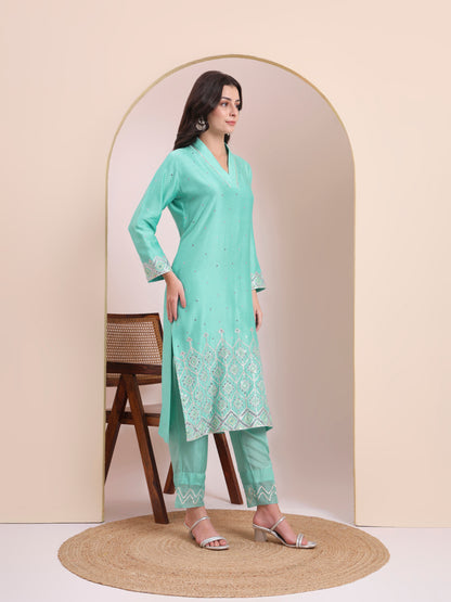 Turquoise Pink Embroidered Kurta Set