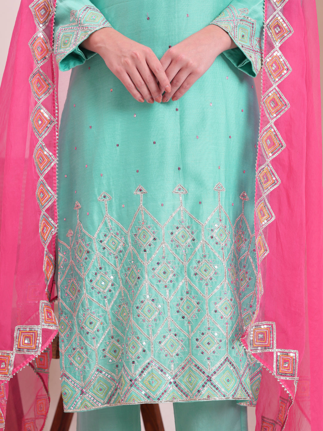 Turquoise Pink Embroidered Kurta Set