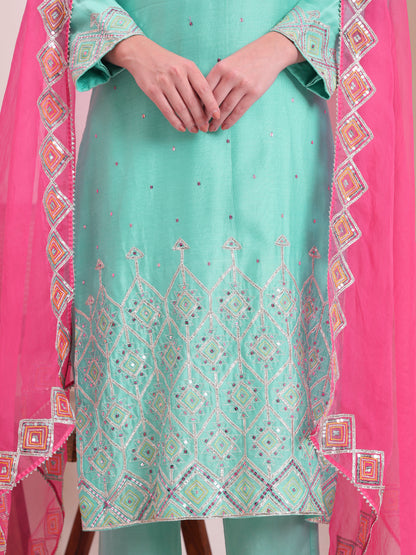 Turquoise Pink Embroidered Kurta Set