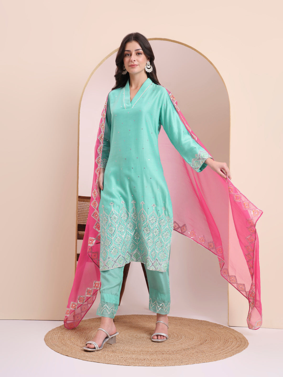 Turquoise Pink Embroidered Kurta Set