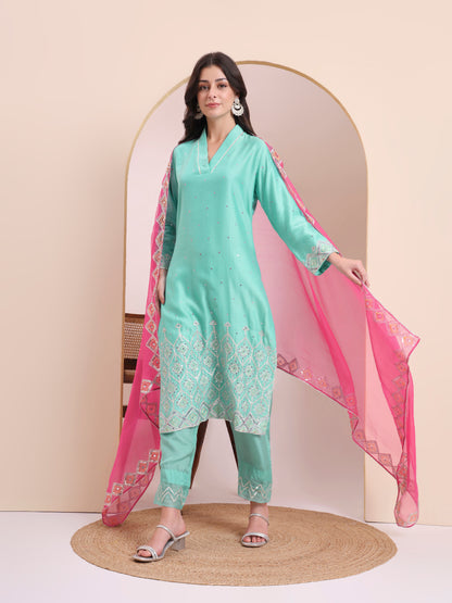 Turquoise Pink Embroidered Kurta Set
