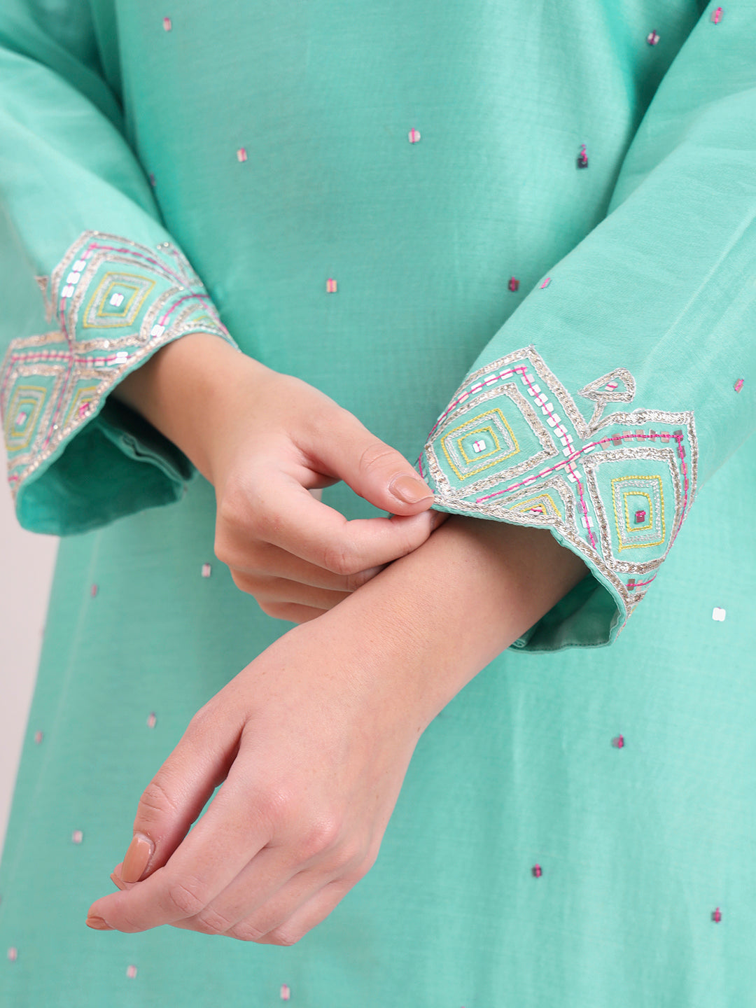Turquoise Pink Embroidered Kurta Set