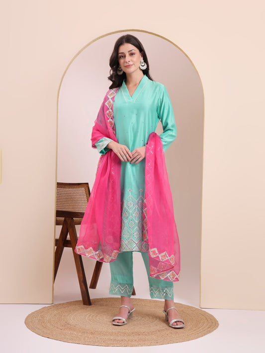 Turquoise Pink Embroidered Kurta Set
