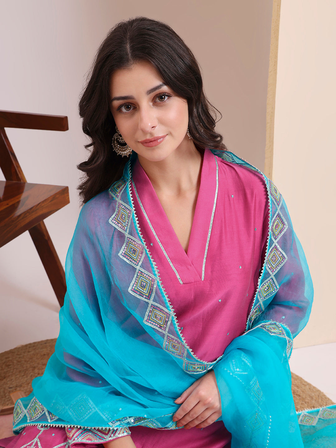 Pink & Turquoise Embroidered Kurta Set