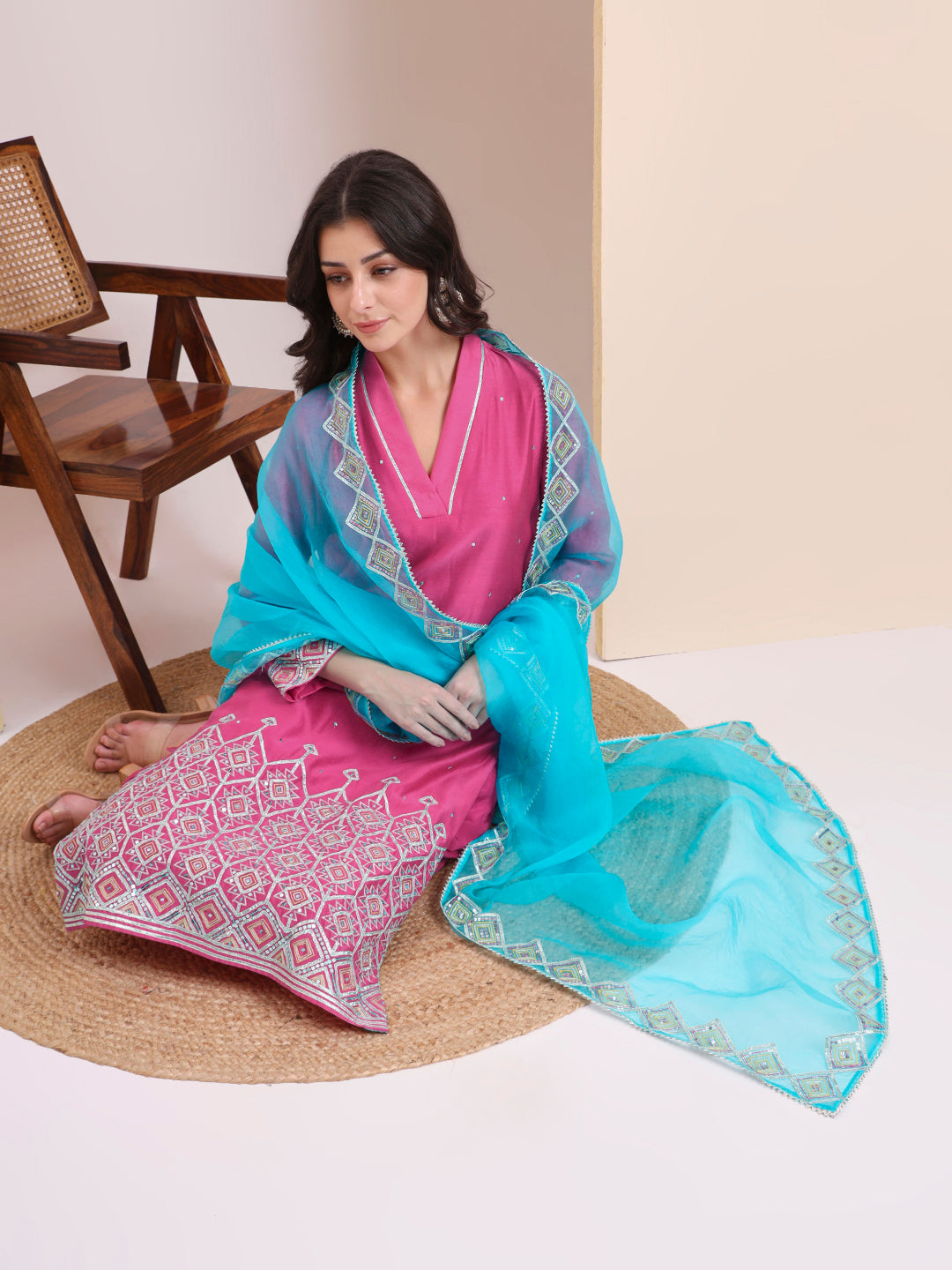 Pink & Turquoise Embroidered Kurta Set