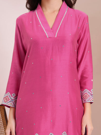 Pink & Turquoise Embroidered Kurta Set