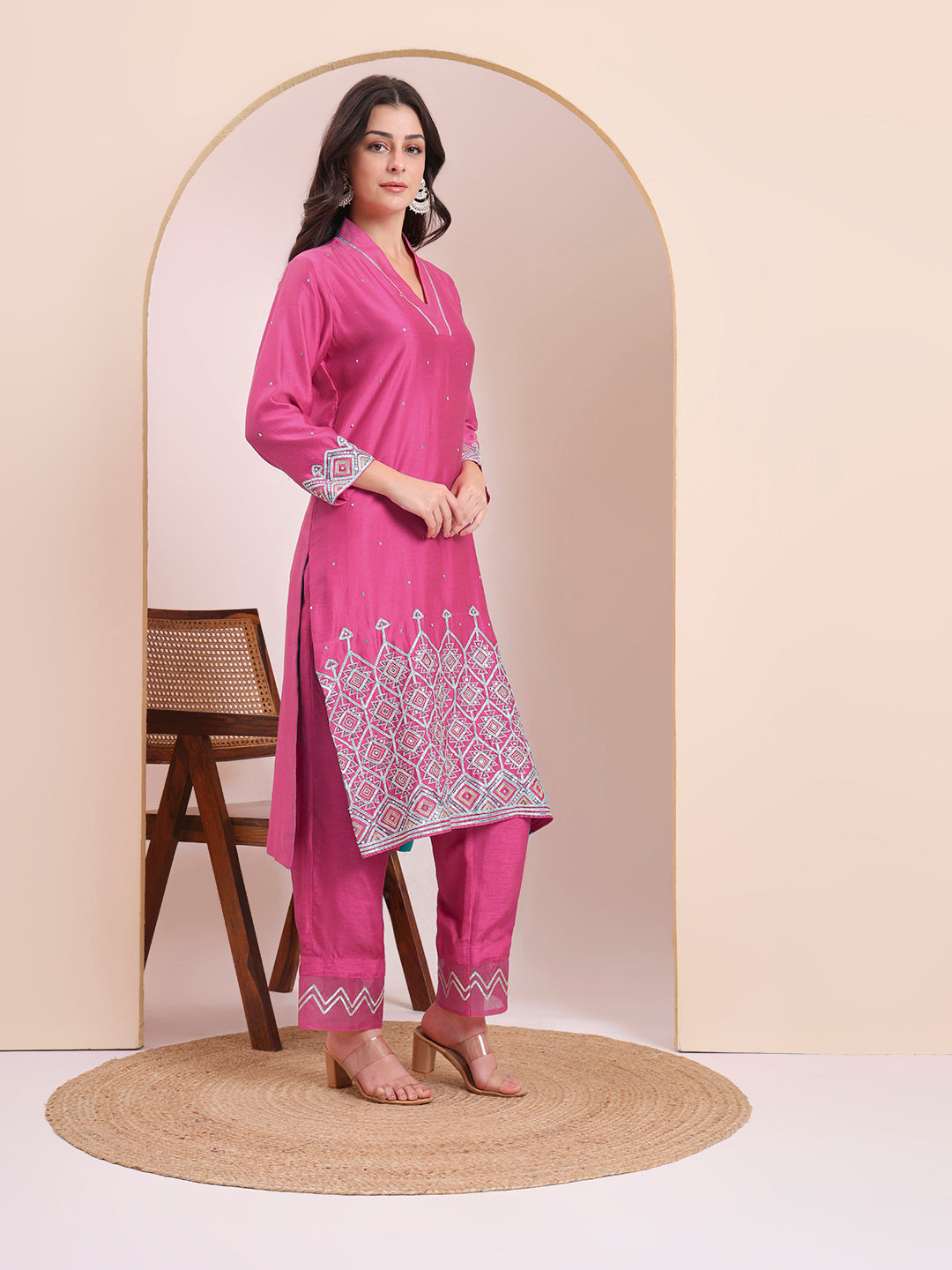 Pink & Turquoise Embroidered Kurta Set