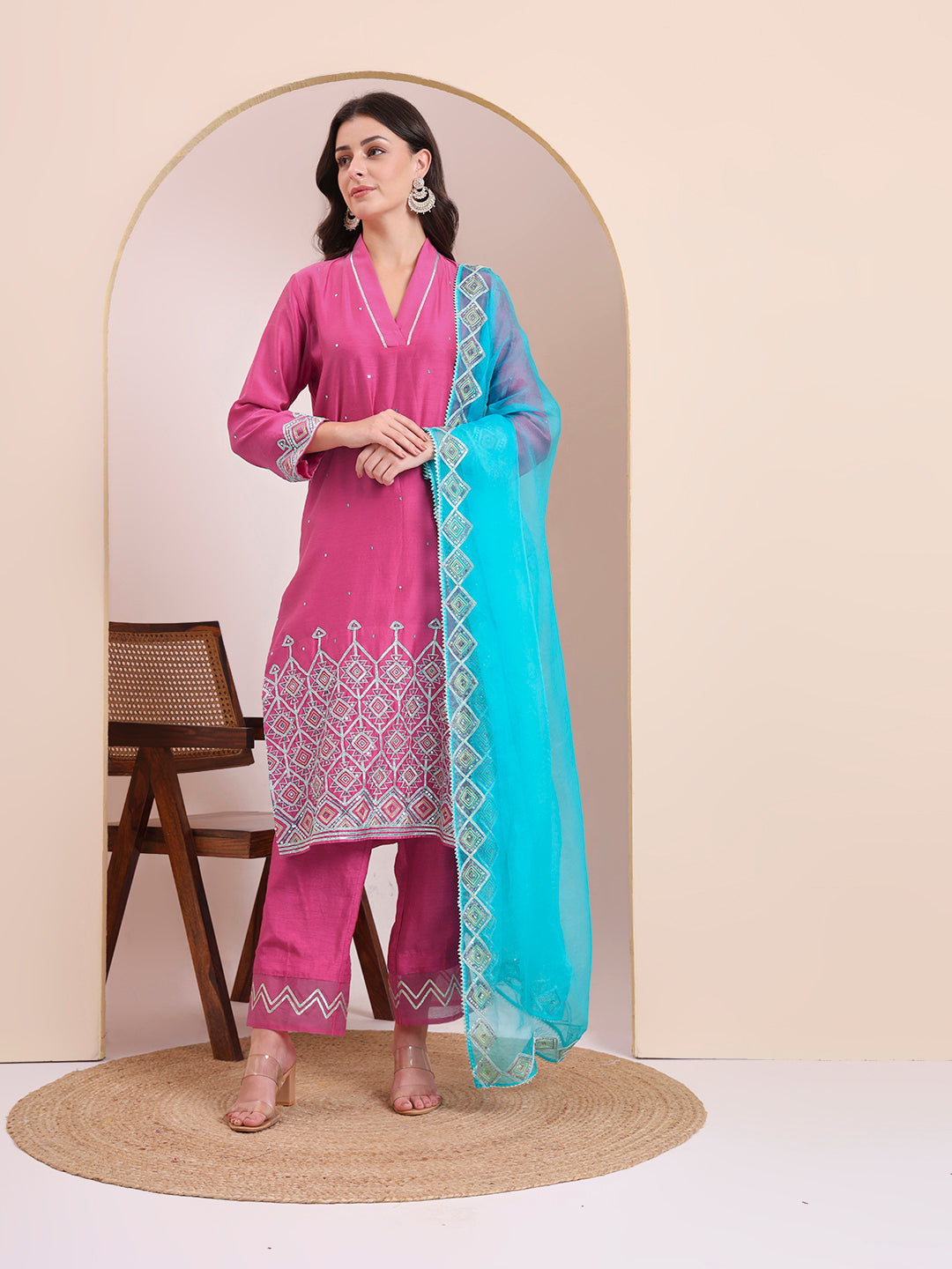 Pink & Turquoise Embroidered Kurta Set