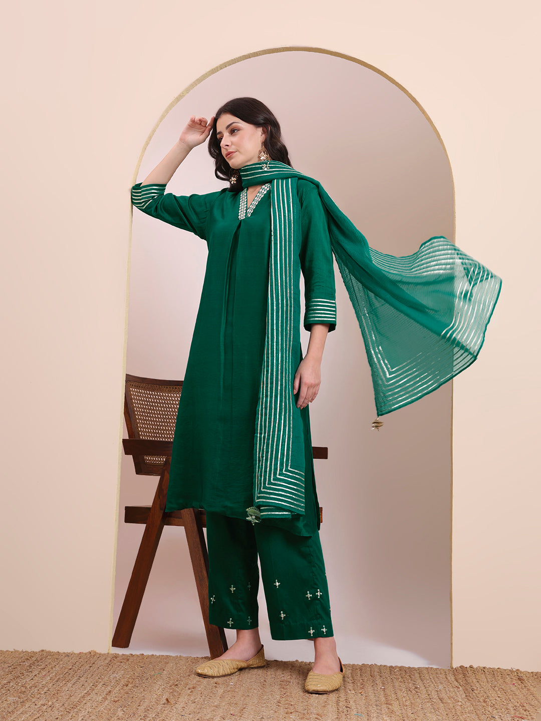 Emerald Green Gota Striped Suit Set