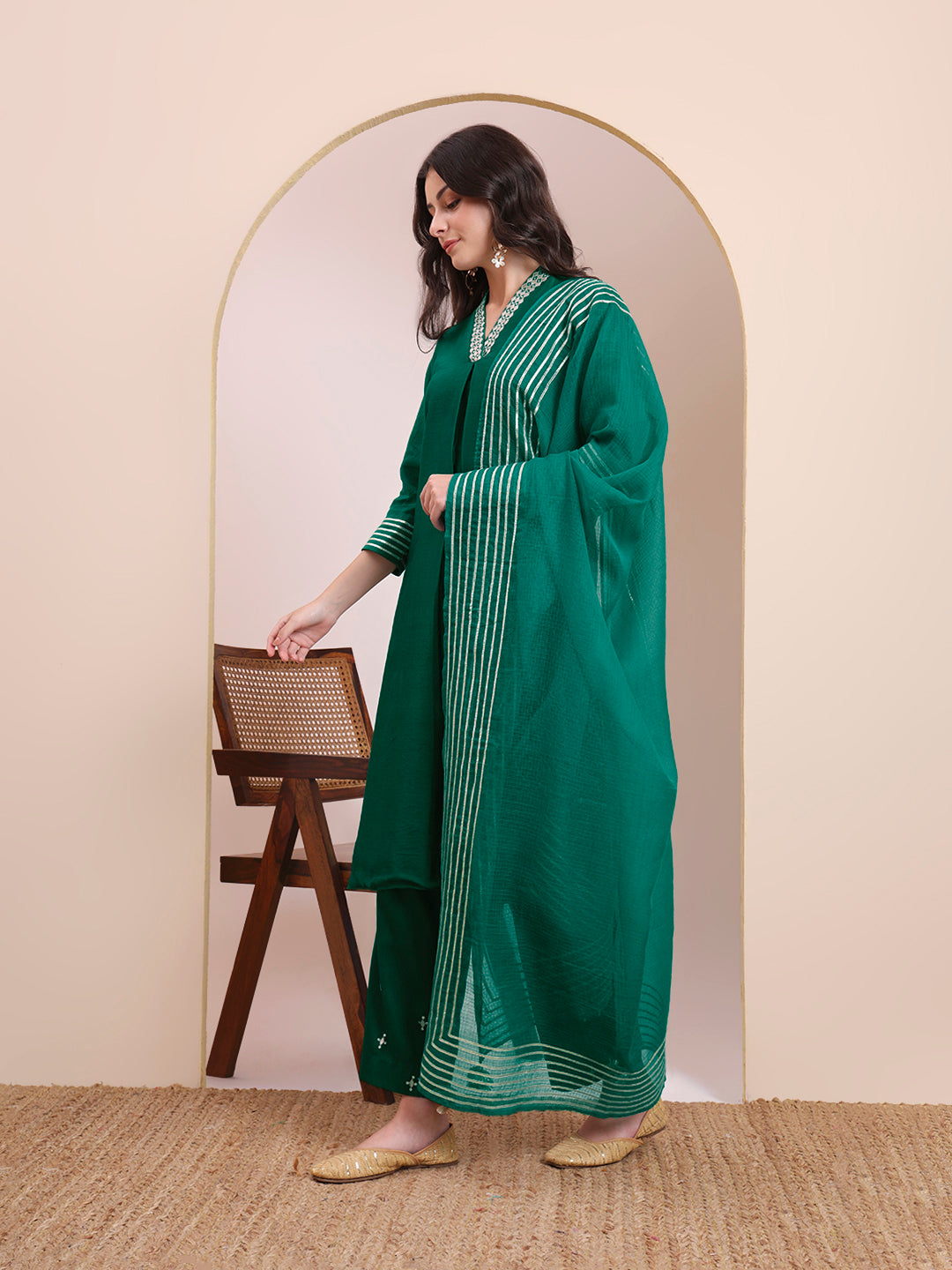 Emerald Green Gota Striped Suit Set