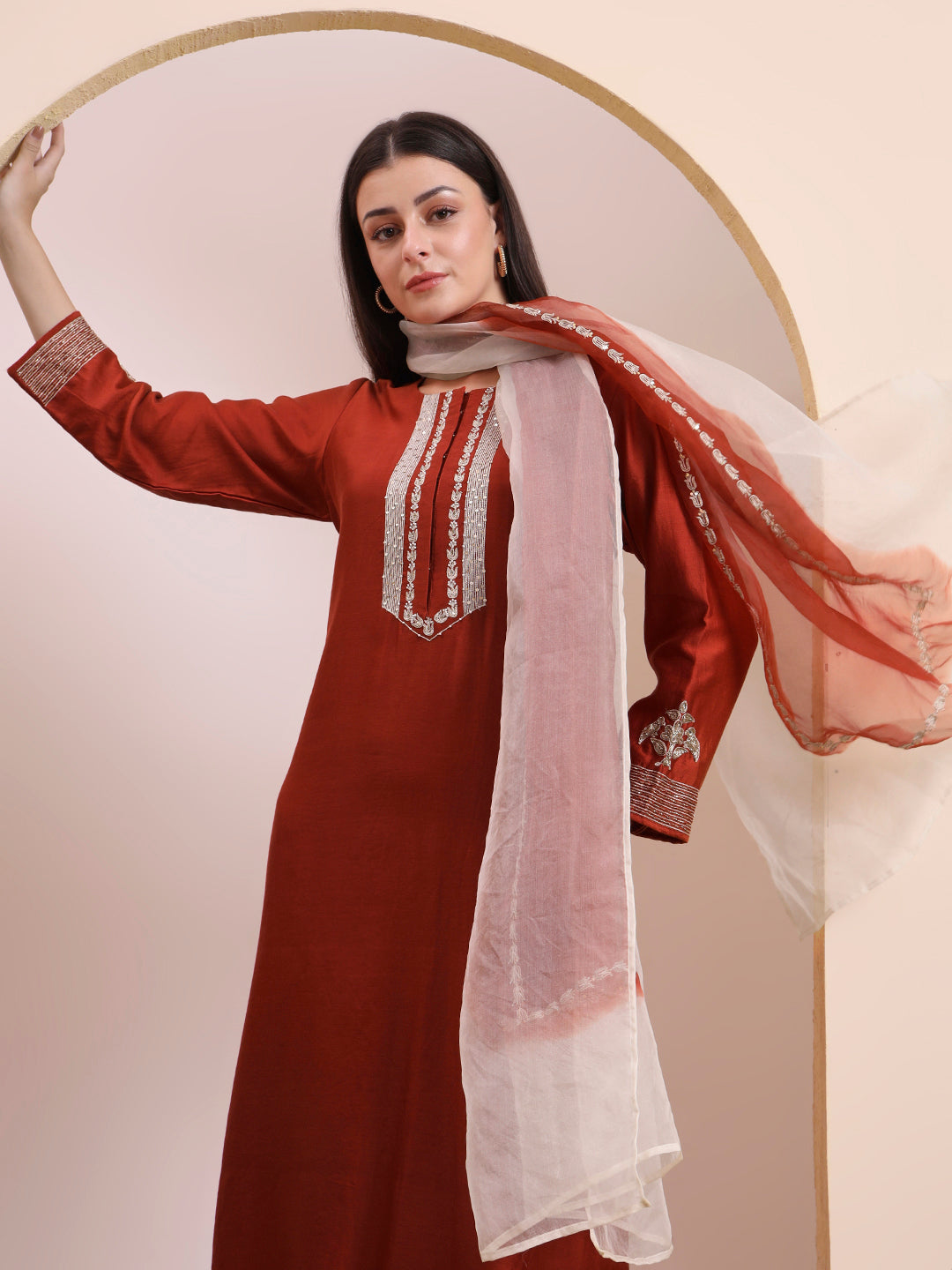 Rust Sequin & Thread Work Kurta