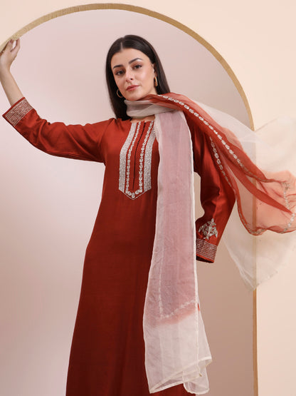 Rust Sequin & Thread Work Kurta