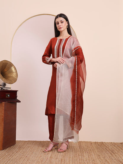 Rust Sequin & Thread Work Kurta