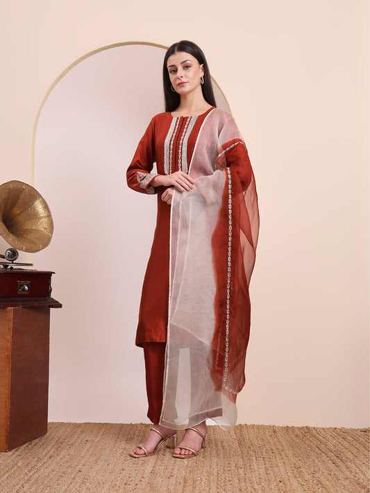 Rust Sequin & Thread Work Kurta