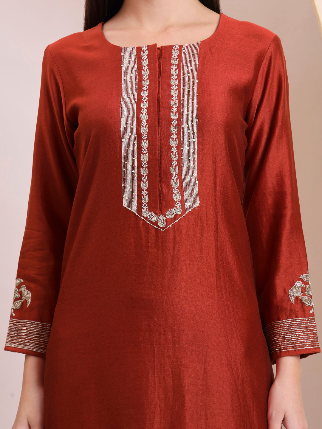 Rust Sequin & Thread Work Kurta