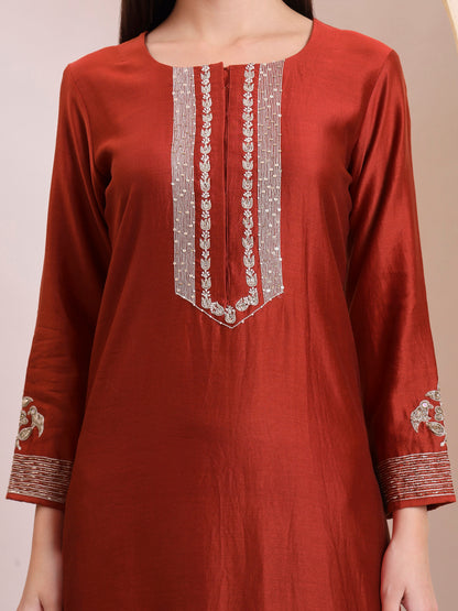 Rust Sequin & Thread Work Kurta