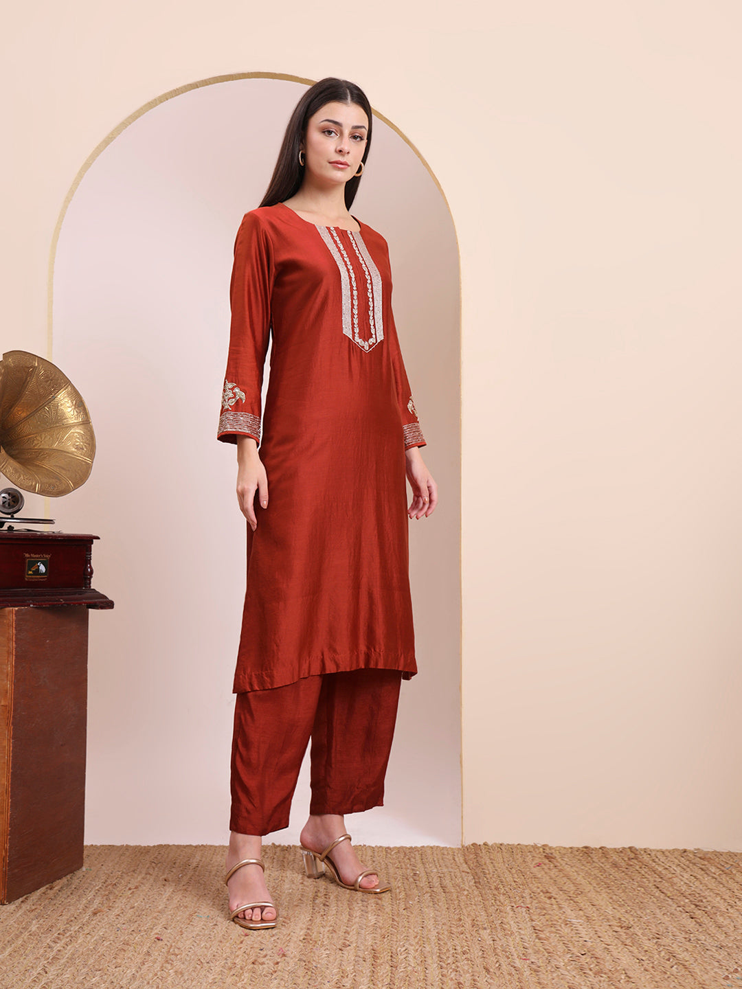 Rust Sequin & Thread Work Kurta