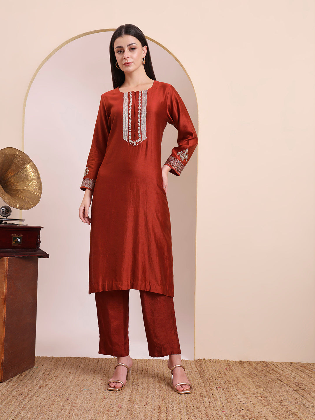 Rust Sequin & Thread Work Kurta