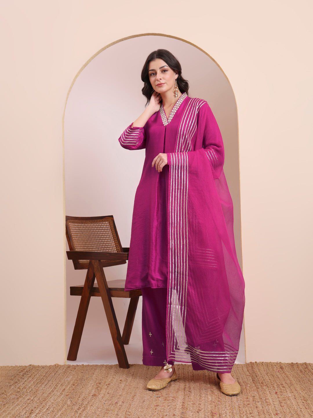 Fuchsia Gota Stripe Kurta Set