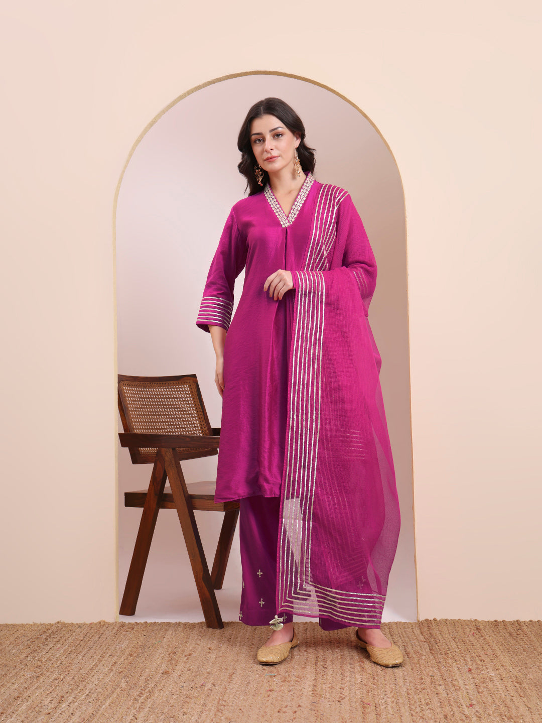 Fuchsia Gota Stripe Kurta Set