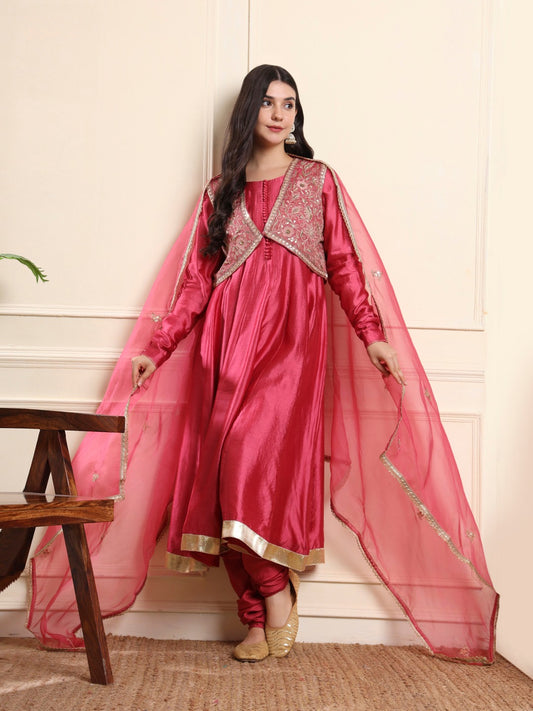 Onion Pink Embroidered Jacket-Style Anarkali Suit